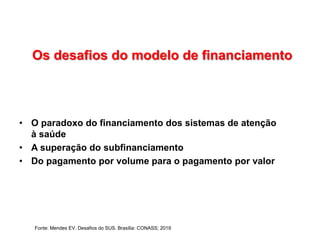 Os desafios do modelo de financiamento
• O paradoxo do financiamento dos sistemas de atenção
à saúde
• A superação do subfinanciamento
• Do pagamento por volume para o pagamento por valor
Fonte: Mendes EV. Desafios do SUS. Brasília: CONASS; 2019
 