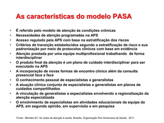 As características do modelo PASA
• É referido pelo modelo de atenção às condições crônicas
• Necessidades de atenção programadas na APS
• Acesso regulado pela APS com base na estratificação dos riscos
• Critérios de transição estabelecidos segundo a estratificação de risco e sua
padronização por meio de protocolos clínicos com base em evidência
• Atenção prestada por uma equipe multiprofissional trabalhando de forma
interdisciplinar
• O produto final da atenção é um plano de cuidado interdisciplinar para ser
executado na APS
• A incorporação de novas formas de encontro clínico além da consulta
presencial face a face
• O conhecimento pessoal de especialistas e generalistas
• A atuação clínica conjunta de especialistas e generalistas em planos de
cuidados compartilhados
• A vinculação de generalistas a especialistas envolvendo a regionalização da
atenção especializada
• O envolvimento de especialistas em atividades educacionais da equipe da
APS, em segunda opinião, em supervisão e em pesquisa
Fonte: Mendes EV. As redes de atenção à saúde. Brasília: Organização Pan-Americana da Saúde; 2011
 