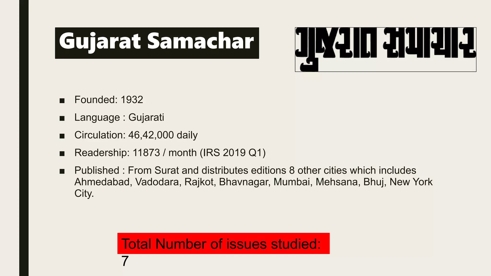 Gujarat Samachar
■ Founded: 1932
■ Language : Gujarati
■ Circulation: 46,42,000 daily
■ Readership: 11873 / month (IRS 2019 Q1)
■ Published : From Surat and distributes editions 8 other cities which includes
Ahmedabad, Vadodara, Rajkot, Bhavnagar, Mumbai, Mehsana, Bhuj, New York
City.
Total Number of issues studied:
7
 