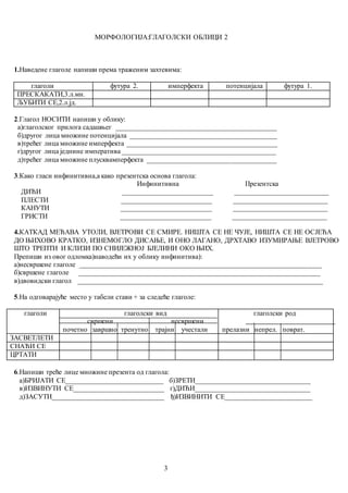 3
МОРФОЛОГИЈА:ГЛАГОЛСКИ ОБЛИЦИ 2
1.Наведене глаголе напиши према траженим захтевима:
глаголи футура 2. имперфекта потенцијала футура 1.
ПРЕСКАКАТИ,3.л.мн.
ЉУБИТИ СЕ,2.л.јд.
2.Глагол НОСИТИ напиши у облику:
а)глаголског прилога садашњег ______________________________________________
б)другог лица множине потенцијала __________________________________________
в)трећег лица множине имперфекта ___________________________________________
г)другог лица једнине императива ____________________________________________
д)трећег лица множине плусквамперфекта _____________________________________
3.Како гласи инфинитивна,а како презентска основа глагола:
Инфинитивна Презентска
ДИЋИ __________________________ ___________________________
ПЛЕСТИ __________________________ ___________________________
КАНУТИ __________________________ ___________________________
ГРИСТИ __________________________ ___________________________
4.КАТКАД МЕЋАВА УТОЛИ, ВЈЕТРОВИ СЕ СМИРЕ. НИШТА СЕ НЕ ЧУЈЕ, НИШТА СЕ НЕ ОСЈЕЋА
ДО ЊИХОВО КРАТКО, ИЗНЕМОГЛО ДИСАЊЕ, И ОНО ЛАГАНО, ДРХТАВО ИЗУМИРАЊЕ ВЈЕТРОВО
ШТО ТРЕПТИ И КЛИЗИ ПО СНИЈЕЖНОЈ БЈЕЛИНИ ОКО ЊИХ.
Препиши из овог одломка)наводећи их у облику инфинитива):
а)несвршене глаголе _____________________________________________________________________
б)свршене глаголе _____________________________________________________________________
в)двовидски глагол ______________________________________________________________________
5.На одговарајуће место у табели стави + за следеће глаголе:
глаголи глаголски вид
свршени несвршени
почетно завршно тренутно трајни учестали
глаголски род
прелазни непрел. поврат.
ЗАСВЕТЛЕТИ
СНАЋИ СЕ
ЦРТАТИ
6.Напиши треће лице множине презента од глагола:
а)БРИЈАТИ СЕ____________________________ б)ЗРЕТИ_________________________________
в)ИЗВИНУТИ СЕ__________________________ г)ДИЋИ_________________________________
д)ЗАСУТИ________________________________ ђ)ИЗВИНИТИ СЕ_________________________
 
