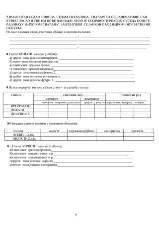 4
7.ИМАО ОТАЦ СЕДАМ СИНОВА, СЕДАМ СВАЂАЛИЦА. СВАЂАЈУЋИ СЕ, ЗАНЕМАРИШЕ САВ
КУЋНИ ПОСАО И СВЕ ИМ ПОЂЕ НАОПАКО. БИЛО ЈЕ СЕБИЧНИХ И РЂАВИХ СУСЕДА КОЈИ СЕ
РАДОВАХУ ЊИХОВОМ СВАЂАЊУ. ЗАБРИНУВШИ СЕ, ЊИХОВ ОТАЦ ЈЕДНОМ ОКУПИ СИНОВЕ
ОКО СЕБЕ.
Из овог одломка издвој глаголске облике и напиши им назив.
__________________________________________ , ____________________________________________
__________________________________________ , ____________________________________________
__________________________________________ , ____________________________________________
__________________________________________ , __________________________________________
8.Глагол БРИЈАТИ напиши у облику:
а) другог лица једнине имперфекта _______________________________________________
б) првог лица множине императива ______________________________________________
в) глаголског придева трпног ___________________________________________________
г) глаголског прилога садашњег_________________________________________________
д) другог лица множине футура 2._________________________________________________
ђ) трећег лица множине потенцијала ______________________________________________
е) другог лица једнине футура 1. __________________________________________________
9.На одговарајуће место у табели стави + за следеће глаголе:
глаголи глаголски вид
свршени несвршени
почетно завршно тренутно трајни учестали
глаголски род
прелазни непрел. поврат.
ПРЕКРАЈАТИ
ЛЕЖАТИ
ДОВУЋИ СЕ
10.Наведене глаголе напиши у траженим облицима:
глаголи аориста плусквамперфекта императива презента
ИСЕЋИ,1..л.мн.
ОПЛЕСТИ,2.л.јд.
11. .Глагол УГРИСТИ напиши у облику:
а)глаголског прилога прошлог____________________________________________________
б)глаголског придев трпног м.р. ______________________________________________
в)глаголског придев радног м.р.__________________________________________________
г)другог лица једнине аориста__________________________________________________
д)другог лица једнине императива________________________________________________
 