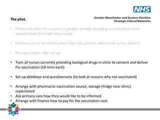 The pilot.
• Potentially offer Flu vaccines to people already attending an outpatient clinic
appointment (in a high risk groups)
• Pathway-clinics identified where high risk patients attend and nurses present
• Pre-vaccination offer set up:
• Train all nurses currently providing biological drugs in clinic to consent and deliver
Flu vaccination (10 mins each)
• Set up database and questionnaire (to look at reasons why not vaccinated)
• Arrange with pharmacist vaccination source, storage (fridge near clinic),
replenished
• Ask primary care how they would like to be informed
• Arrange with finance how to pay for the vaccination cost.
 