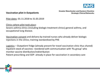 Vaccination pilot in Outpatients
Pilot dates: 01.11.2018 to 31.03.2019
Clinics where pilot took place:
Severe asthma clinics (including biologic treatment clinics) general asthma, and
occupational lung disease.
Vaccination consent and delivery by trained nurses who already deliver biologic
injections in the clinics; training standardised by PHE
Logistics – Outpatient fridge (already present for travel vaccination clinic thus shared)
Inpatient stock of vaccines- reordered with communication with ‘flu group’ who
monitor vaccine distribution/redistribution
Patient prescribing and SOP- already in place for vaccination in secondary care
 