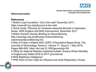 Referenced studies
References
1 British Lung Foundation “Out in the cold” December 2017,
https://www.blf.org.uk/policy/out-in-the-cold
2 Quick Guide: Planning for increased seasonal demand in respiratory
illness, NHS England and NHS Improvement, December 2017
3 British Geriatric Society Briefing on Deconditioning:
http://www.bgs.org.uk/ethicslaw-2/deconditioning-
awareness/deconditioning-into
4 Risk of Frailty in Elderly With COPD: A Population-Based Study, The
Journals of Gerontology: Series A, Volume 71, Issue 5, 1 May 2016,
Pages 689–695, https://doi.org/10.1093/gerona/glv154
5 Office for National Statistics statistical bulletin: Excess Winter Mortality
in England and Wales 2016 to 2017 (provisional)
6 NHS RightCare Intelligence
7 PHE Point of Care Tests for Influenza and other Respiratory Viruses
 