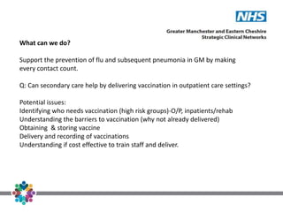 What can we do?
Support the prevention of flu and subsequent pneumonia in GM by making
every contact count.
Q: Can secondary care help by delivering vaccination in outpatient care settings?
Potential issues:
Identifying who needs vaccination (high risk groups)-O/P, inpatients/rehab
Understanding the barriers to vaccination (why not already delivered)
Obtaining & storing vaccine
Delivery and recording of vaccinations
Understanding if cost effective to train staff and deliver.
 