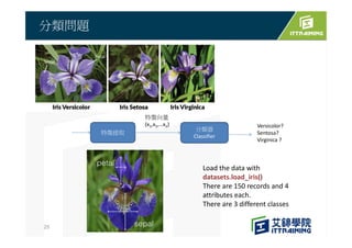 分類問題
25
特徵提取
分類器
Classifier
特徵向量
(x1,x2,…xn) Versicolor?
Sentosa?
Virginica ?
Load the data with
datasets.load_iris()
There are 150 records and 4
attributes each.
There are 3 different classes
 
