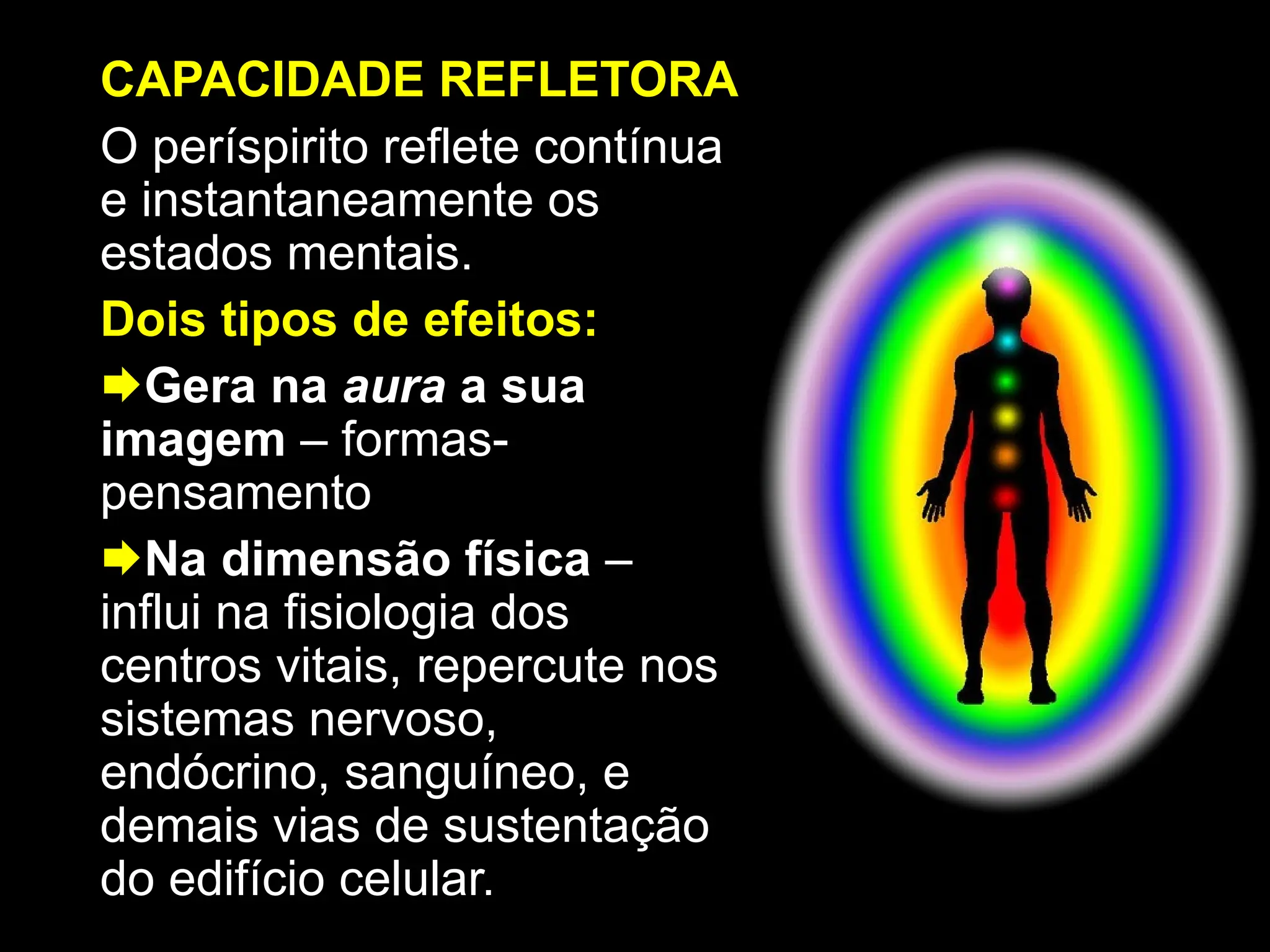 CAPACIDADE REFLETORA
O períspirito reflete contínua
e instantaneamente os
estados mentais.
Dois tipos de efeitos:
Gera na aura a sua
imagem – formas-
pensamento
Na dimensão física –
influi na fisiologia dos
centros vitais, repercute nos
sistemas nervoso,
endócrino, sanguíneo, e
demais vias de sustentação
do edifício celular.
 