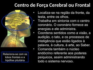 • Localiza-se na região da fronte, da
testa, entre os olhos.
• Trabalha em sintonia com o centro
coronário. O coronário fornece as
energias e ele administra.
• Coordena sentidos como a visão, a
audição, o tato, e os processos de
inteligência que estão ligados à
palavra, à cultura, à arte, ao Saber.
• Comanda também o núcleo
endócrino referente aos poderes
psíquicos, assim administrando
todo o sistema nervoso.
Relaciona-se com os
lobos frontais e a
hipófise pituitária
Centro de Força Cerebral ou Frontal
 