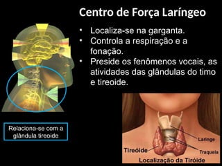 • Localiza-se na garganta.
• Controla a respiração e a
fonação.
• Preside os fenômenos vocais, as
atividades das glândulas do timo
e tireoide.
Relaciona-se com a
glândula tireoide
Centro de Força Laríngeo
 