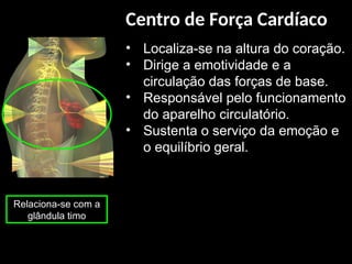 • Localiza-se na altura do coração.
• Dirige a emotividade e a
circulação das forças de base.
• Responsável pelo funcionamento
do aparelho circulatório.
• Sustenta o serviço da emoção e
o equilíbrio geral.
Relaciona-se com a
glândula timo
Centro de Força Cardíaco
 