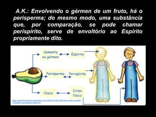 A.K.: Envolvendo o gérmen de um fruto, há o
perisperma; do mesmo modo, uma substância
que, por comparação, se pode chamar
perispírito, serve de envoltório ao Espírito
propriamente dito.
https://geamorfraterno.wordpress.com/2016/11/05/esde-tomo-unico-modulo
-ii-fluidos-e-perispirito-roteiro-2/
 