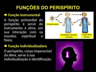 FUNÇÕES DO PERISPÍRITO
 Função Instrumental
A função primordial do
perispírito é servir de
instrumento à alma, em
sua interação com os
mundos espiritual e
físico.
 Função Individualizadora
O perispírito, corpo imperecível
da alma, serve à sua
individualização e identificação.
 
