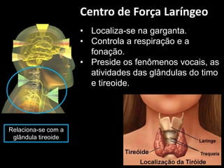 • Localiza-se na garganta.
• Controla a respiração e a
fonação.
• Preside os fenômenos vocais, as
atividades das glândulas do timo
e tireoide.
Relaciona-se com a
glândula tireoide
Centro de Força Laríngeo
 