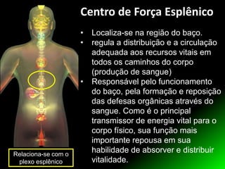 • Localiza-se na região do baço.
• regula a distribuição e a circulação
adequada aos recursos vitais em
todos os caminhos do corpo
(produção de sangue)
• Responsável pelo funcionamento
do baço, pela formação e reposição
das defesas orgânicas através do
sangue. Como é o principal
transmissor de energia vital para o
corpo físico, sua função mais
importante repousa em sua
habilidade de absorver e distribuir
vitalidade.
Relaciona-se com o
plexo esplênico
Centro de Força Esplênico
 