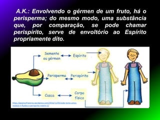 A.K.: Envolvendo o gérmen de um fruto, há o
perisperma; do mesmo modo, uma substância
que, por comparação, se pode chamar
perispírito, serve de envoltório ao Espírito
propriamente dito.
https://geamorfraterno.wordpress.com/2016/11/05/esde-tomo-unico-
modulo-ii-fluidos-e-perispirito-roteiro-2/
 