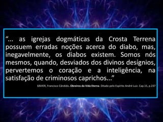 “... as igrejas dogmáticas da Crosta Terrena
possuem erradas noções acerca do diabo, mas,
inegavelmente, os diabos existem. Somos nós
mesmos, quando, desviados dos divinos desígnios,
pervertemos o coração e a inteligência, na
satisfação de criminosos caprichos...”
XAVIER, Francisco Cândido. Obreiros da Vida Eterna. Ditado pelo Espírito André Luiz. Cap.15, p.237
31
 