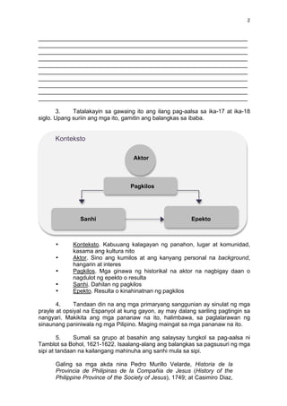 2


_________________________________________________________________
_________________________________________________________________
_________________________________________________________________
_________________________________________________________________
_________________________________________________________________
_________________________________________________________________
_________________________________________________________________
_________________________________________________________________
_________________________________________________________________
_________________________________________________________________

       3.    Tatalakayin sa gawaing ito ang ilang pag-aalsa sa ika-17 at ika-18
siglo. Upang suriin ang mga ito, gamitin ang balangkas sa ibaba.


      Konteksto

                                    Aktor



                                   Pagkilos




               Sanhi                                      Epekto



      •      Konteksto. Kabuuang kalagayan ng panahon, lugar at komunidad,
             kasama ang kultura nito
      •      Aktor. Sino ang kumilos at ang kanyang personal na background,
             hangarin at interes
      •      Pagkilos. Mga ginawa ng historikal na aktor na nagbigay daan o
             nagdulot ng epekto o resulta
      •      Sanhi. Dahilan ng pagkilos
      •      Epekto. Resulta o kinahinatnan ng pagkilos

       4.     Tandaan din na ang mga primaryang sanggunian ay sinulat ng mga
prayle at opsiyal na Espanyol at kung gayon, ay may dalang sariling pagtingin sa
nangyari. Makikita ang mga pananaw na ito, halimbawa, sa paglalarawan ng
sinaunang paniniwala ng mga Pilipino. Maging maingat sa mga pananaw na ito.

        5.    Sumali sa grupo at basahin ang salaysay tungkol sa pag-aalsa ni
Tamblot sa Bohol, 1621-1622. Isaalang-alang ang balangkas sa pagsusuri ng mga
sipi at tandaan na kailangang mahinuha ang sanhi mula sa sipi.

      Galing sa mga akda nina Pedro Murillo Velarde, Historia de la
      Provincia de Philipinas de la Compañia de Jesus (History of the
      Philippine Province of the Society of Jesus), 1749; at Casimiro Diaz,
 