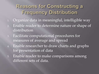 1. Organize data in meaningful, intelligible way
2. Enable reader to determine nature or shape of
distribution
3. Facilitate computational procedures for
measures of average and spread
4. Enable researcher to draw charts and graphs
for presentation of data
5. Enable reader to make comparisons among
different sets of data.
 