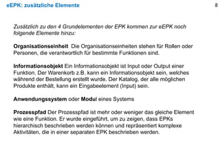 eEPK: zusätzliche Elemente
Zusätzlich zu den 4 Grundelementen der EPK kommen zur eEPK noch
folgende Elemente hinzu:
Organisationseinheit Die Organisationseinheiten stehen für Rollen oder
Personen, die verantwortlich für bestimmte Funktionen sind.
Informationsobjekt Ein Informationsobjekt ist Input oder Output einer
Funktion. Der Warenkorb z.B. kann ein Informationsobjekt sein, welches
während der Bestellung erstellt wurde. Der Katalog, der alle möglichen
Produkte enthält, kann ein Eingabeelement (Input) sein.
Anwendungssystem oder Modul eines Systems
Prozesspfad Der Prozesspfad ist mehr oder weniger das gleiche Element
wie eine Funktion. Er wurde eingeführt, um zu zeigen, dass EPKs
hierarchisch beschrieben werden können und repräsentiert komplexe
Aktivitäten, die in einer separaten EPK beschrieben werden.
8
 