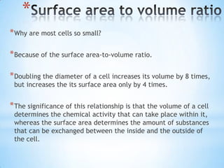 *
* Why are most cells so small?

* Because of the surface area-to-volume ratio.

* Doubling the diameter of a cell increases its volume by 8 times,
 but increases the its surface area only by 4 times.


* The significance of this relationship is that the volume of a cell
 determines the chemical activity that can take place within it,
 whereas the surface area determines the amount of substances
 that can be exchanged between the inside and the outside of
 the cell.
 