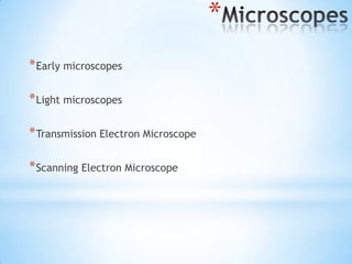 *
* Early microscopes

* Light microscopes

* Transmission Electron Microscope

* Scanning Electron Microscope
 