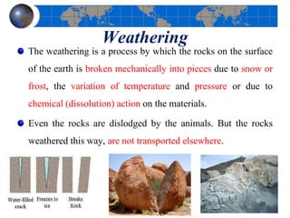 Weathering
The weathering is a process by which the rocks on the surface
of the earth is broken mechanically into pieces due to snow or
frost, the variation of temperature and pressure or due to
chemical (dissolution) action on the materials.
Even the rocks are dislodged by the animals. But the rocks
weathered this way, are not transported elsewhere.
29
 