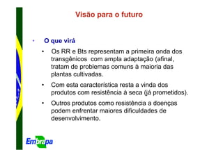 Visão para o futuro


•       O que virá
    •     Os RR e Bts representam a primeira onda dos
          transgênicos com ampla adaptação (afinal,
          tratam de problemas comuns à maioria das
          plantas cultivadas.
    •     Com esta característica resta a vinda dos
          produtos com resistência à seca (já prometidos).
    •     Outros produtos como resistência a doenças
          podem enfrentar maiores dificuldades de
          desenvolvimento.
 