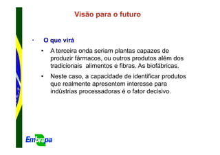 Visão para o futuro


•       O que virá
    •     A terceira onda seriam plantas capazes de
          produzir fármacos, ou outros produtos além dos
          tradicionais alimentos e fibras. As biofábricas.
    •     Neste caso, a capacidade de identificar produtos
          que realmente apresentem interesse para
          indústrias processadoras é o fator decisivo.
 