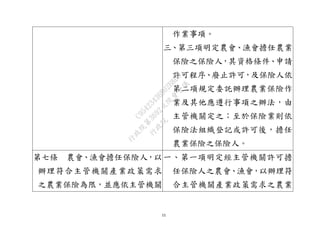 11
作業事項。
三、第三項明定農會、漁會擔任農業
保險之保險人，其資格條件、申請
許可程序、廢止許可，及保險人依
第二項規定委託辦理農業保險作
業及其他應遵行事項之辦法，由
主管機關定之；至於保險業則依
保險法組織登記或許可後，擔任
農業保險之保險人。
第七條 農會、漁會擔任保險人，以
辦理符合主管機關產業政策需求
之農業保險為限，並應依主管機關
一、第一項明定經主管機關許可擔
任保險人之農會、漁會，以辦理符
合主管機關產業政策需求之農業
行
政
院
行
政
院
第
3692次
院
會
會
議
C95423436B02B8D9
 