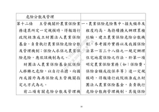 18
危險分散及管理
第十二條 主管機關於農業保險業
務達其所定一定規模時，得報請行
政院核准成立財團法人農業保險
基金，負責執行農業保險危險分散
及管理機制；保險人承保之農業保
險危險，應依該機制為之。
財團法人農業保險基金就保險
人移轉之危險，以自行承擔、向國
內或國外為再保險或主管機關指
定之方式為之。
前二項有關危險分散及管理機
一、農業保險危險集中、損失頻率及
程度均高，為持續擴大辦理累積
經驗，建立農業保險危險分散機
制，參考國外實務以及我國保險
法第一百三十八條之一規定辦理
住宅地震保險之作法，於第一項
明定農業保險業務（如：保險費、
保險金額或投保率等）達一定規
模時，得報請行政院核准成立財
團法人農業保險基金，負責執行
危險分散與管理機制，其後保險
行
政
院
行
政
院
第
3692次
院
會
會
議
C95423436B02B8D9
 