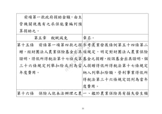 22
前項第一款政府捐助金額，由主
管機關視應有之承保能量編列預
算捐助之。
第五章 稅賦減免 章名。
第十五條 前條第一項第四款之捐
贈，經財團法人農業保險基金出具
證明，得依所得稅法第十七條或第
三十六條規定列舉扣除或列為當
年度費用。
參考農業發展條例第五十四條第二
項規定，明定對財團法人農業保險
基金之捐贈，經該基金出具證明，個
人捐贈得依所得稅法第十七條規定
納入列舉扣除額，營利事業得依所
得稅法第三十六條規定認列為當年
度費用。
第十六條 保險人依本法辦理之農一、鑑於農業保險具有損失發生頻
行
政
院
行
政
院
第
3692次
院
會
會
議
C95423436B02B8D9
 