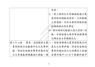 32
參考。
三、第三項明定主管機關應建立農
業保險相關勘查原則，以供勘損
人員遵循，另於必要時得提供協
助辦理損失認定事宜。
四、第四項明定勘損人員之資格、訓
練、合格證書之取得等相關事項
之辦法由主管機關定之。
第二十二條 農會、漁會提供之農
業保險商品或服務所生之民事爭
議，得由依金融消費者保護法設
立之爭議處理機構進行調處；調
一、 保險業辦理之農業保險商品所
產生之民事爭議，得由依金融消
費者保護法設立之財團法人金融
消費評議中心(以下簡稱評議中
行
政
院
行
政
院
第
3692次
院
會
會
議
C95423436B02B8D9
 