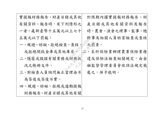 37
實提報財務報告、財產目錄或其他
有關資料、報告時，有下列情形之
一者，處新臺幣十五萬元以上七十
五萬元以下罰鍰：
一、規避、妨礙、拒絕檢查、查核，
或拒絕開啟金庫或其他庫房。
二、隱匿或毀損有關業務或財務狀
況之帳冊文件。
三、對檢查人員詢問無正當理由不
為答復或答復不實。
四、規避、妨礙、拒絕或逾期提報
財務報告、財產目錄或其他有關
於限期內據實提報財務報告、財
產目錄或其他有關資料及報告
時，農會、漁會之理事、監事、總
幹事及相關人員妨害檢查或查核
之罰責。
二、至於保險業辦理農業保險業務
違反保險法檢查相關規定，由金
融監督管理委員會依該法規定裁
處之，併予敘明。
行
政
院
行
政
院
第
3692次
院
會
會
議
C95423436B02B8D9
 
