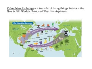 Columbian Exchange  – a transfer of living things between the New & Old Worlds (East and West Hemispheres) 