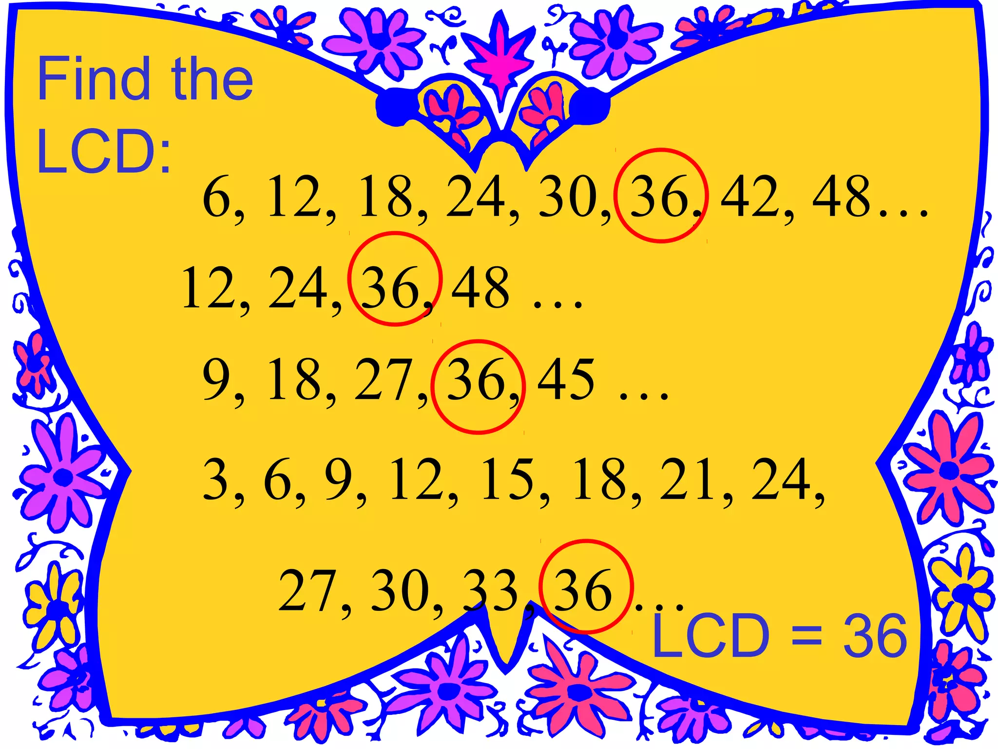 6, 12, 18, 24, 30, 36, 42, 48…
LCD = 36
Find the
LCD:
12, 24, 36, 48 …
9, 18, 27, 36, 45 …
3, 6, 9, 12, 15, 18, 21, 24,
27, 30, 33, 36 …
 