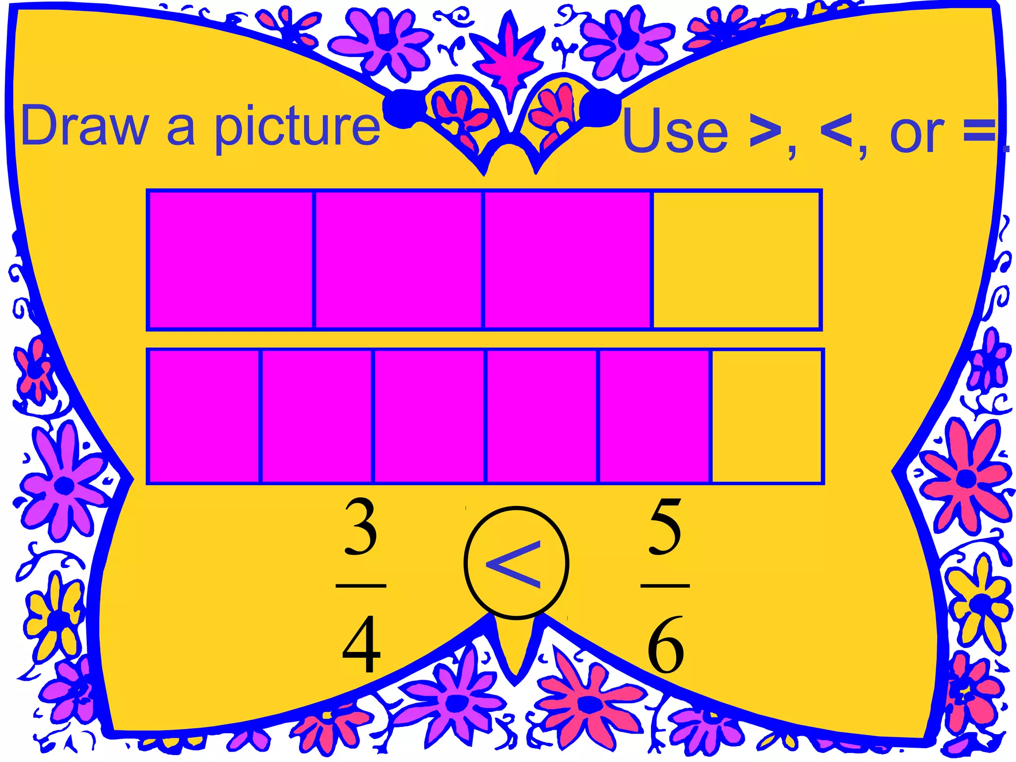 4
3
6
5
<
Draw a picture Use >, <, or =.
 