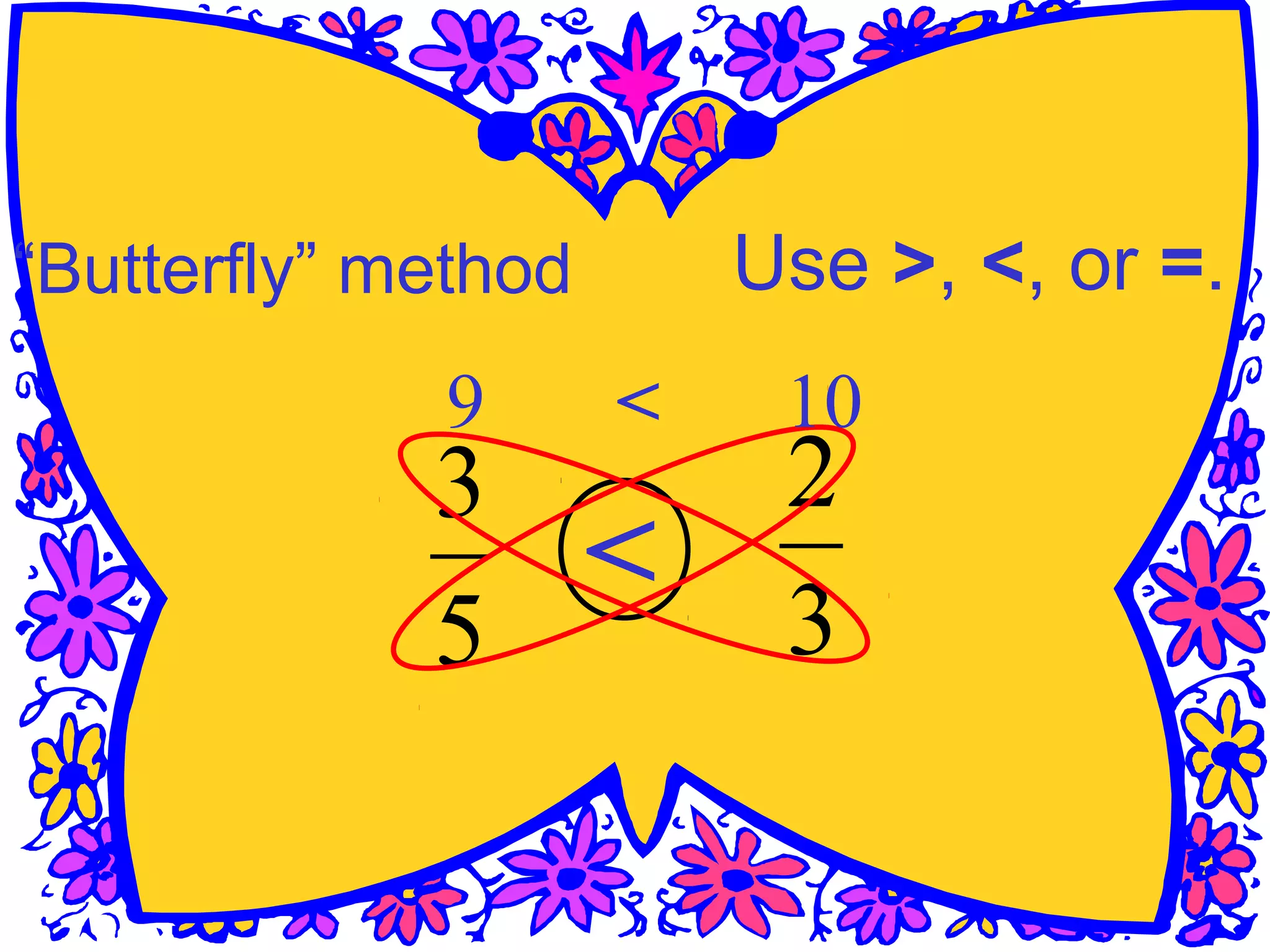 Use >, <, or =.
5
3
3
2
9 10<
<
“Butterfly” method
 