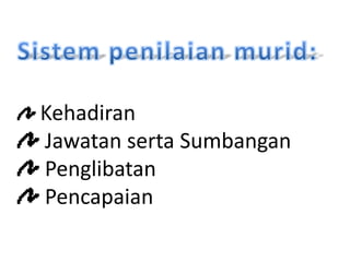 Kehadiran
Jawatan serta Sumbangan
Penglibatan
Pencapaian
 