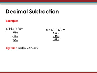 Decimal Subtraction
Example:

a. 5410 - 1710 =               b. 15710 - 8910 =
       5410                          15710
     - 1710                          - 8910
       3710                            6810


Try this : 533310 - 3710 = ?
 