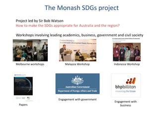 The Monash SDGs project
Project led by Sir Bob Watson
How to make the SDGs appropriate for Australia and the region?
Workshops involving leading academics, business, government and civil society
Malaysia WorkshopMelbourne workshops Indonesia Workshop
Papers
Engagement with government
Engagement with
business
 