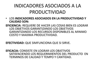 INDICADORES ASOCIADOS A LA PRODUCTIVIDADLOS INDICADORES ASOCIADOS EN LA PRODUCTIVIDAD Y CALIDAD SON:EFICIENCIA: REQUIERE DE HACER LAS COSAS BIEN ES LOGRAR LOS OBJETIVOS GARANTIZANDO LOS OBJETIVOS GARANTIZANDO LOS RECURSOS DISPONIBLES AL MINIMO COSTO Y MAXIMA PRODUCTIVIDAD.EFECTIVIDAD: QUE SIMFUNCIONA QUE SI SIRVE.EFICACIA: CONSISTE EN LOGRAR LOS OBJETIVOS SATISFACIENDO LOS REQUERIMIENTOS DEL PRODUCTO  EN TERMINOS DE CALIDAD Y TEMPO Y CANTIDAD.