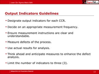 Output Indicators Guidelines Designate output indicators for each CCR. Decide on an appropriate measurement frequency. Ensure measurement instructions are clear and  understandable. Measure defects of the process. Use actual results for analysis. Think ahead and anticipate measures to enhance the defect analysis. Limit the number of indicators to three (3). 