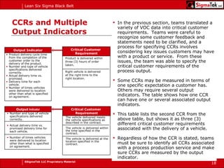 CCRs and Multiple Output Indicators In the previous section, teams translated a variety of VOC data into critical customer requirements.  Teams were careful to recognize some customer feedback and statements need to be clarified, and a process for specifying CCRs involves considering key issues customers may have with a product or service.  From these issues, the team was able to specify the critical customer requirements of the process output. Some CCRs may be measured in terms of one specific expectation a customer has.  Others may require several output indicators. The table shows how one CCR can have one or several associated output indicators. This table lists the second CCR from the above table, but shows it as three (3) different critical customer requirements associated with the delivery of a vehicle. Regardless of how the CCR is stated, teams must be sure to identify all CCRs associated with a process production service and make sure CCRs are measured by the output indicator. Output Indicator Product delivery cycle time from the completion of the customer order to the delivery of the product. Number and type of vehicle specifications delivered correctly. Actual delivery time vs. promised. Delivery time for each vehicle. Number of times vehicles were delivered to location other than what is specified on agreement. Product is delivered within three (3) hours of order taken. Right vehicle is delivered at the right time to the right location. Output  Indicator Number and type of vehicle specifications delivered correctly. Actual delivery time vs. promised delivery time for each vehicle. Number of times vehicles were delivered to location other than what is specified on agreement. The vehicle delivered meets the vehicle specifications as described in the contract. The vehicle is delivered within the time specified in the contract. The vehicle is delivered at the location specified in the contract. Critical Customer  Requirement Critical Customer  Requirement 