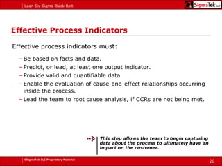 Effective Process Indicators Effective process indicators must: Be based on facts and data. Predict, or lead, at least one output indicator. Provide valid and quantifiable data. Enable the evaluation of cause-and-effect relationships occurring inside the process. Lead the team to root cause analysis, if CCRs are not being met. This step allows the team to begin capturing data about the process to ultimately have an impact on the customer. 