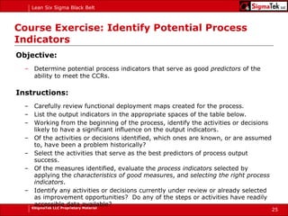 Course Exercise: Identify Potential Process Indicators Objective: Determine potential process indicators that serve as good  predictors  of the ability to meet the CCRs.   Instructions: Carefully review functional deployment maps created for the process. List the output indicators in the appropriate spaces of the table below. Working from the beginning of the process, identify the activities or decisions likely to have a significant influence on the output indicators. Of the activities or decisions identified, which ones are known, or are assumed to, have been a problem historically? Select the activities that serve as the best predictors of process output success. Of the measures identified, evaluate the  process indicators  selected by applying the  characteristics of good measures , and  selecting the right process indicators . Identify any activities or decisions currently under review or already selected as improvement opportunities?  Do any of the steps or activities have readily accessible data available? 