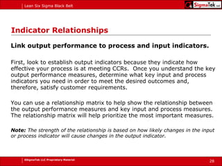 Indicator Relationships Link output performance to process and input indicators. First, look to establish output indicators because they indicate how effective your process is at meeting CCRs.  Once you understand the key output performance measures, determine what key input and process indicators you need in order to meet the desired outcomes and, therefore, satisfy customer requirements. You can use a relationship matrix to help show the relationship between the output performance measures and key input and process measures. The relationship matrix will help prioritize the most important measures. Note:  The strength of the relationship is based on how likely changes in the input or process indicator will cause changes in the output indicator. 