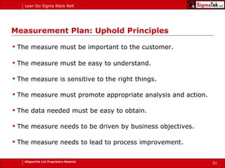 Measurement Plan: Uphold Principles The measure must be important to the customer. The measure must be easy to understand. The measure is sensitive to the right things. The measure must promote appropriate analysis and action. The data needed must be easy to obtain. The measure needs to be driven by business objectives. The measure needs to lead to process improvement. 