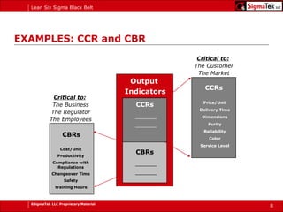 EXAMPLES: CCR and C BR CCRs Output Indicators CBRs ________ ________ ________ ________ CCRs Price/Unit Delivery Time Dimensions Purity Reliability Color Service Level CBRs Cost/Unit Productivity Compliance with Regulations Changeover Time Safety Training Hours Critical to:   The Business The Regulator The Employees Critical to:   The Customer The Market 