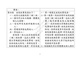- 6 -
事項。
第四條 本院經費來源如下：
一、政府之核撥及捐（補）助。
二、國內外公私立機構、團體及
個人之捐贈。
三、受託研究及提供服務之收
入。
四、營運及研發成果收入。
五、其他收入。
前項第一款之政府核撥及捐
（補）助經費，包括人事費、相
關主管機關交辦本院事項、本院
各核設施之除役、清理及復育、
放射性廢棄物之處理、貯存及處
一、第一項規定本院經費來源。
二、第一項第一款政府對於本院核撥
及捐（補）助之經費，包括人事
費 （隨 同移 轉本 院之 編制 職
員）、政府相關主管機關交辦本
院事項所需經費、本院各核設施
除役、清理及復育所需經費、放
射性廢棄物之處理、貯存及處置
所需經費、建築物與固定設備等
重要設施維持費，以及監督機關
核撥本院執行之原子能科技研
究發展所需經費。
三、為鼓勵民間企業團體或個人樂於
行
政
院
行
政
院
第
3625次
院
會
會
議
7EE1D3E7C18C3B26
 