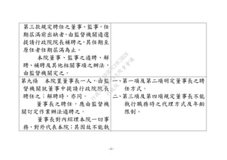 - 12 -
第三款規定聘任之董事、監事，任
期屆滿前出缺者，由監督機關遴選
提請行政院院長補聘之，其任期至
原任者任期屆滿為止。
本院董事、監事之遴聘、解
聘、補聘及其他相關事項之辦法，
由監督機關定之。
第九條 本院置董事長一人，由監
督機關就董事中提請行政院院長
聘任之；解聘時，亦同。
董事長之聘任，應由監督機
關訂定作業辦法遴聘之。
董事長對內綜理本院一切事
務，對外代表本院；其因故不能執
一、第一項及第二項明定董事長之聘
任方式。
二、第三項及第四項規定董事長不能
執行職務時之代理方式及年齡
限制。
行
政
院
行
政
院
第
3625次
院
會
會
議
7EE1D3E7C18C3B26
 